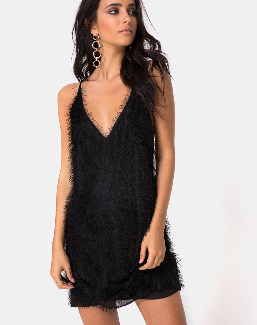 Finn Slip Dress en Flecos Negro