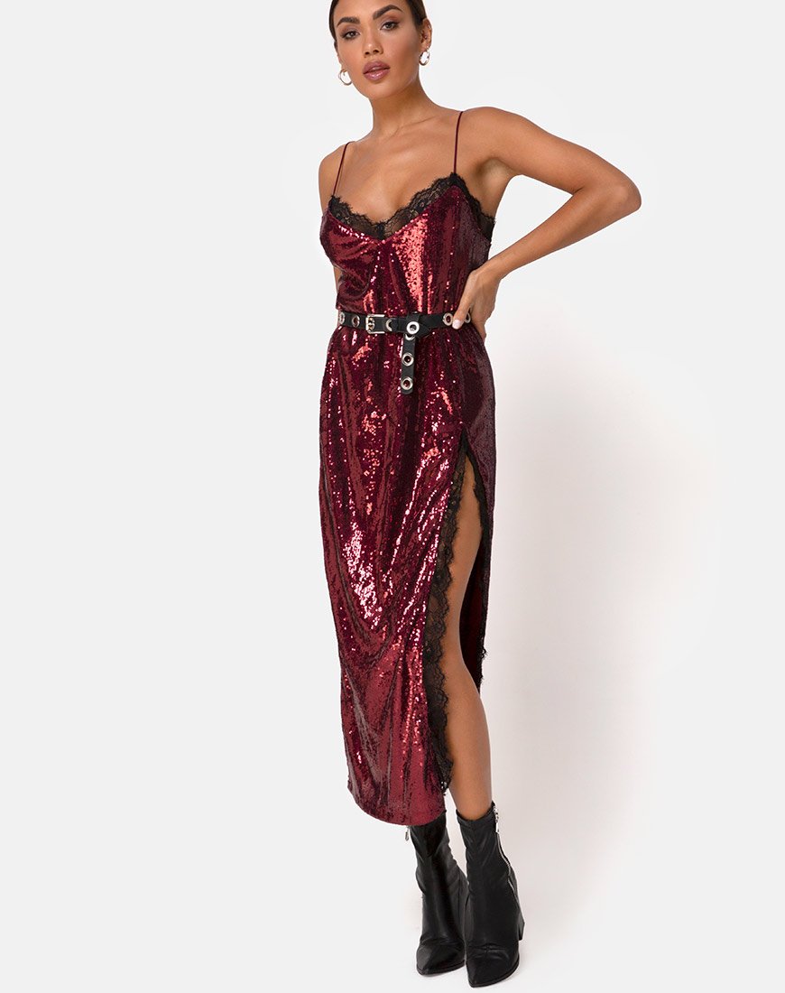 Imagen de Fitilia Vestido en Mini Lentejuelas Borgoña con Encaje Negro