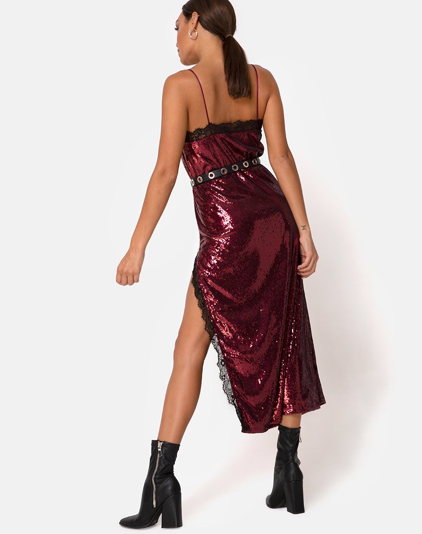 Imagen de Fitilia Vestido en Mini Lentejuelas Borgoña con Encaje Negro