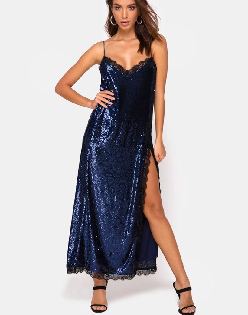 Maxi Vestido Fitilia en Mini Lentejuelas Medianoche con Encaje Negro