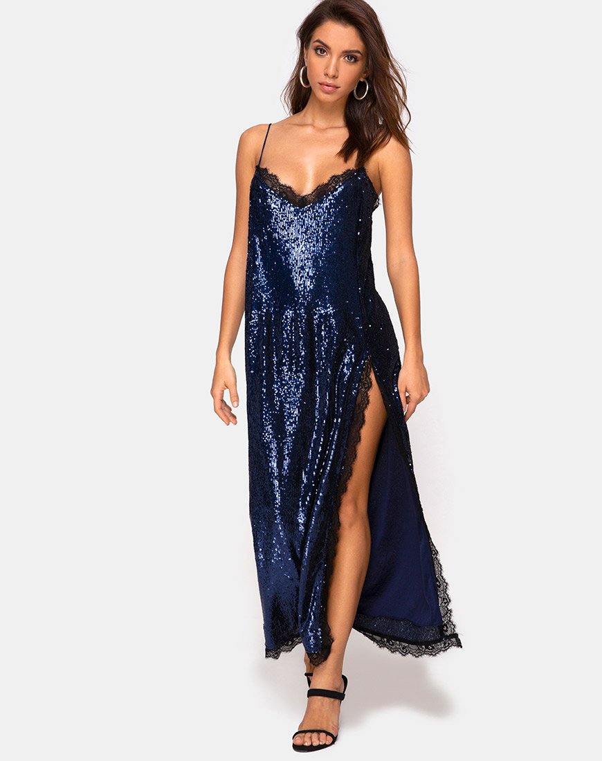 Imagen de Fitilia Maxi Vestido en Mini Lentejuelas Medianoche con Encaje Negro