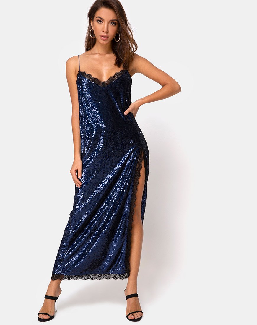 Imagen de Fitilia Maxi Vestido en Mini Lentejuelas Medianoche con Encaje Negro