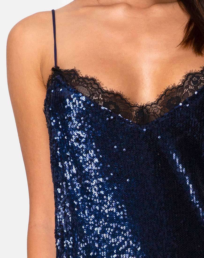 Imagen de Fitilia Maxi Vestido en Mini Lentejuelas Medianoche con Encaje Negro