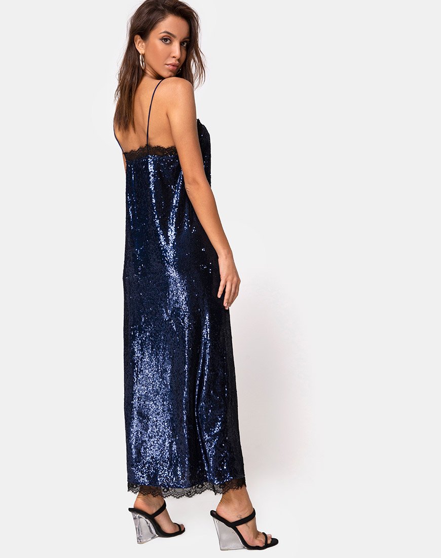 Maxi Vestido Fitilia en Mini Lentejuelas Medianoche con Encaje Negro
