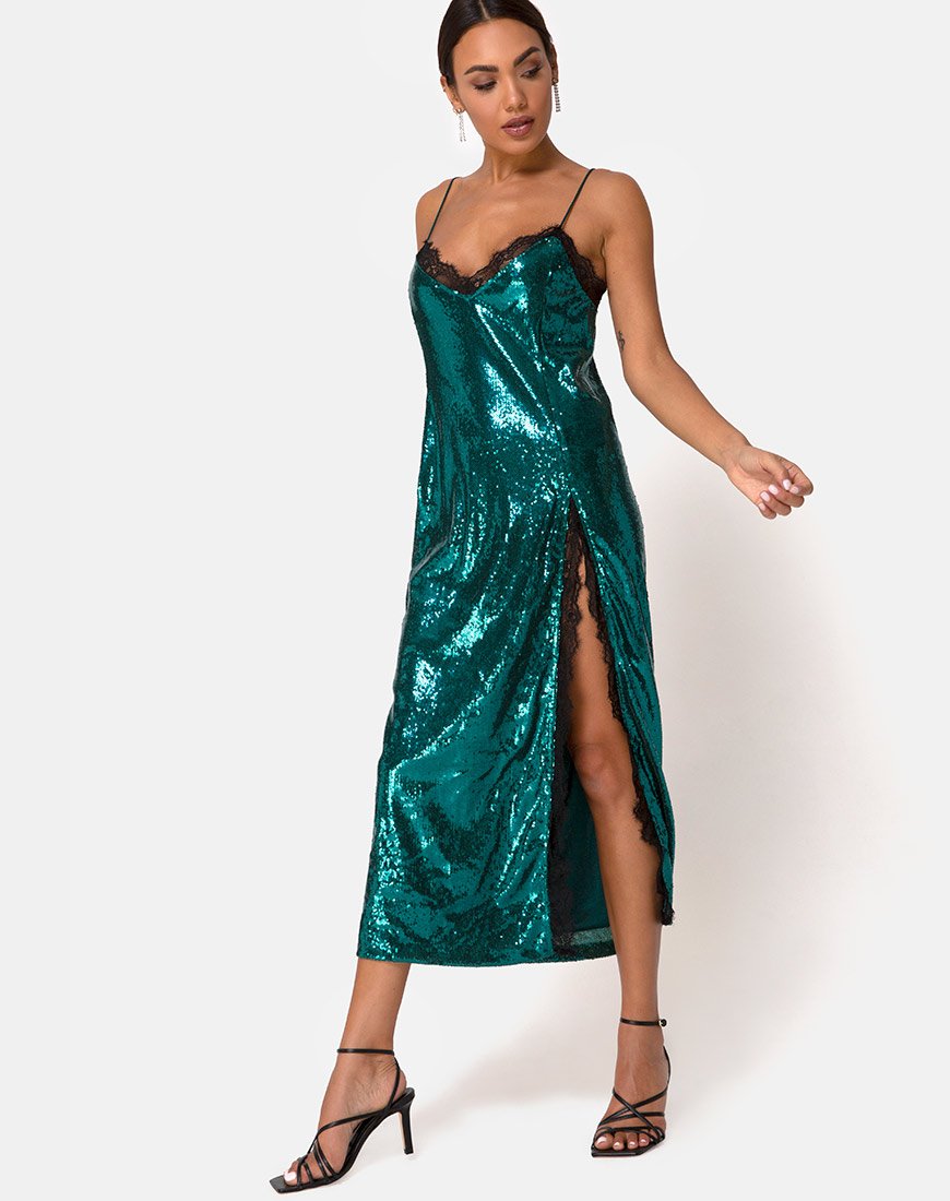 Vestido Fitilia de lentejuelas verde azulado con encaje negro