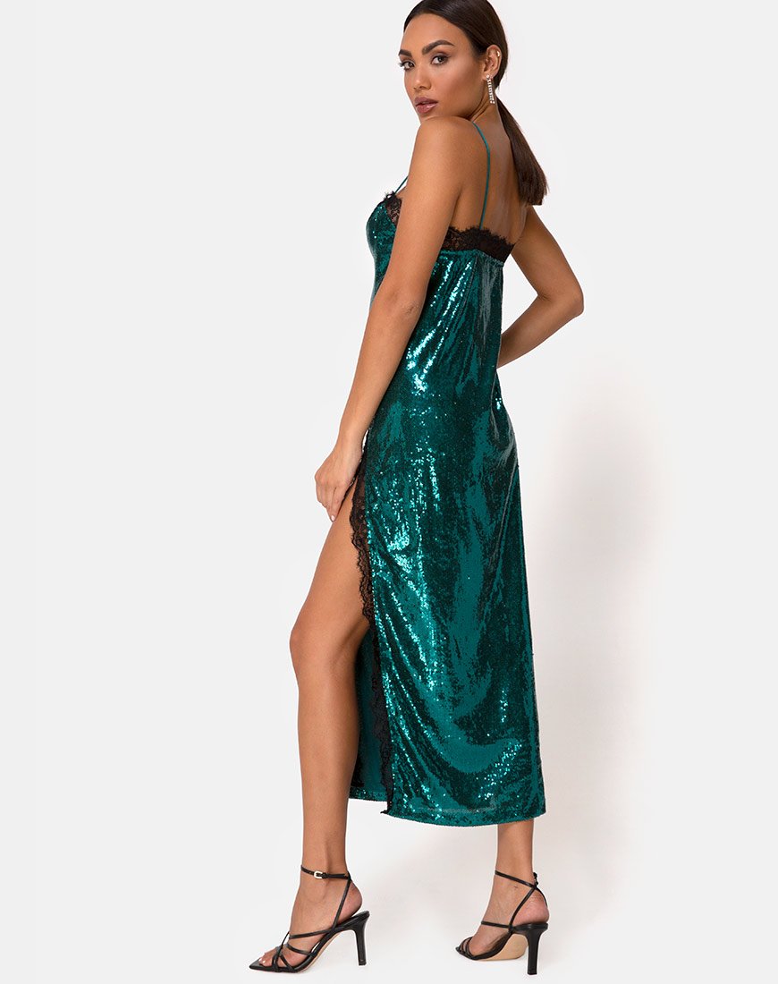 Vestido Fitilia de lentejuelas verde azulado con encaje negro