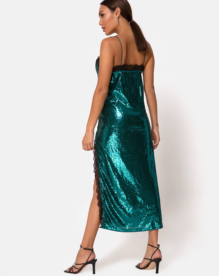 Imagen del vestido Fitilia de mini lentejuelas verde azulado con encaje negro