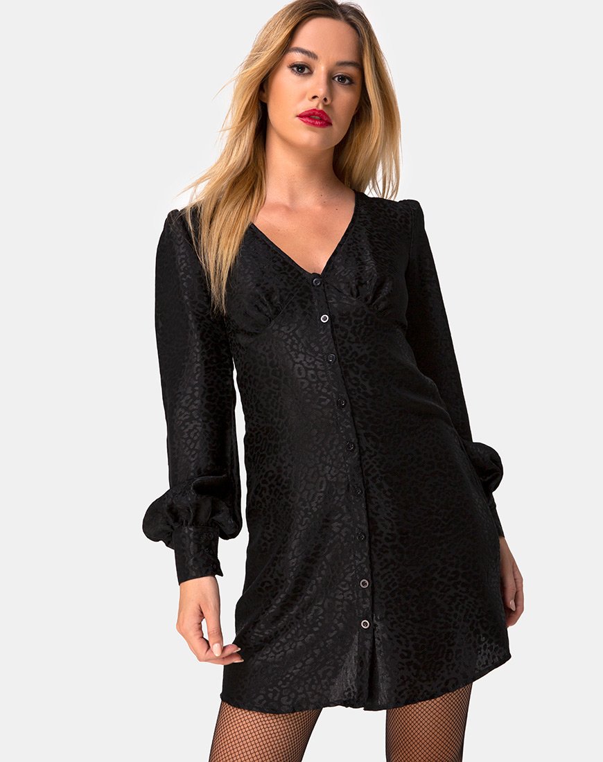 Vestido Flara de satén negro guepardo