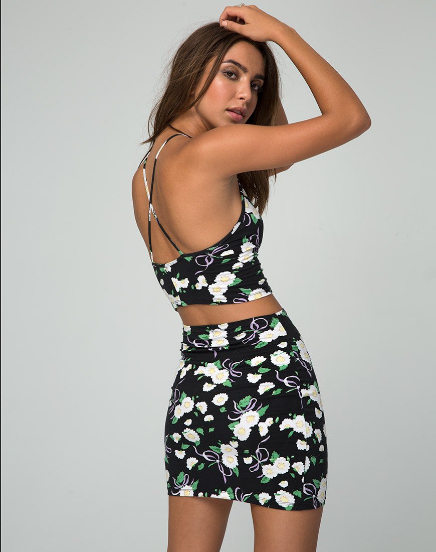 Kimmy Falda Bodycon en Daisy Ribbon Negro