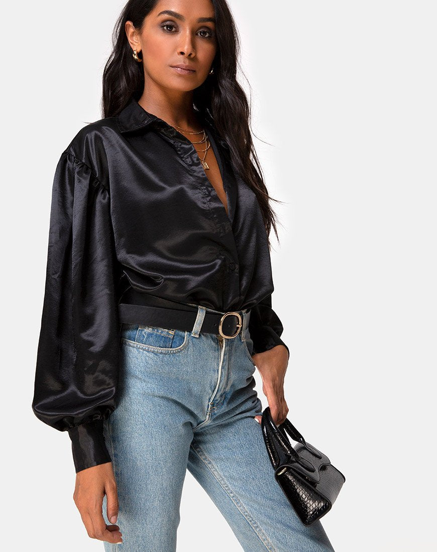 Blusa Frantic de manga larga en satén negro