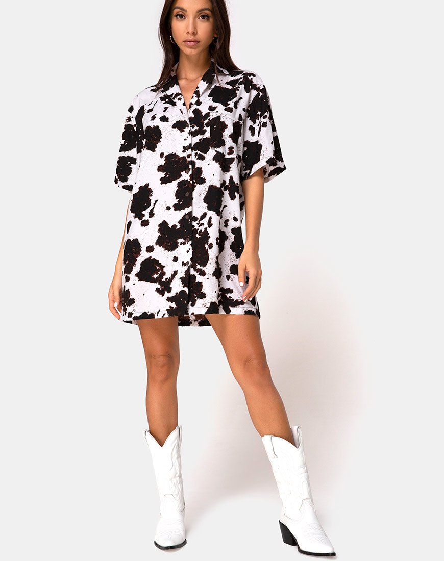 Imagen de Fresia Minivestido de piel de vaca marrón y blanco