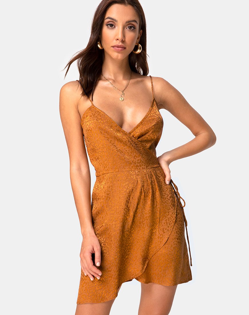 Vestido Furiosa en satén dorado de guepardo
