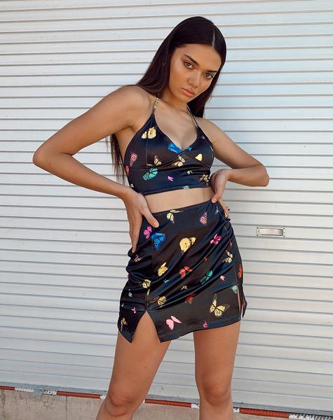 Zida Falda en Satén Stretch Negro Mariposa