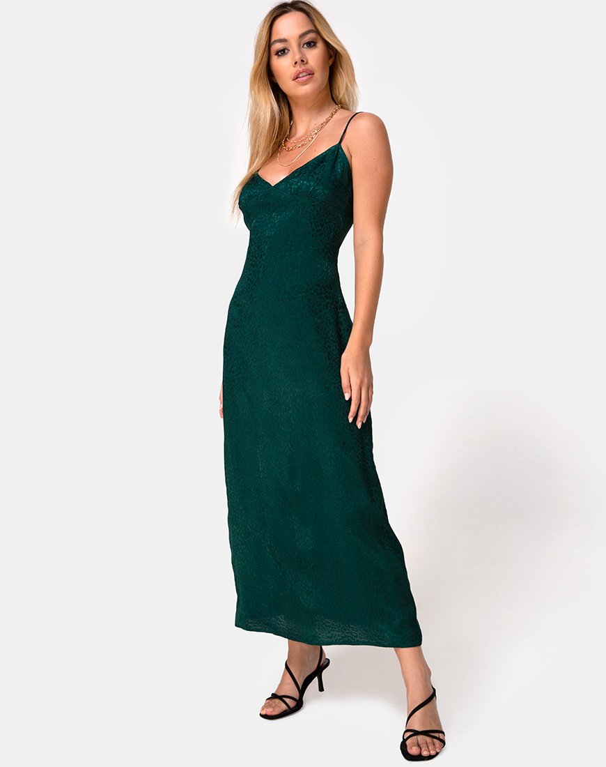 Imagen de Gaela Slip Dress en Satén Chita Verde Bosque