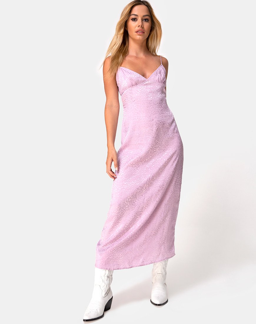 Vestido Gaela en satén guepardo lila oscuro