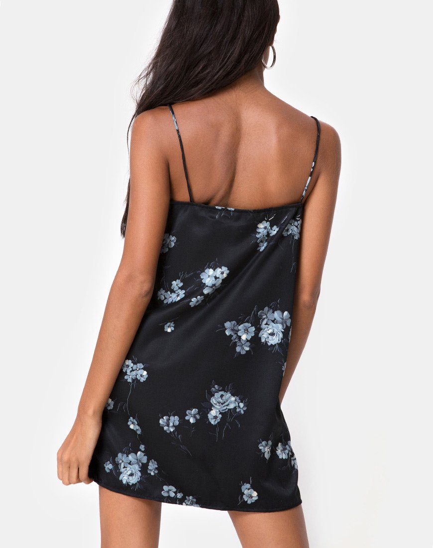 Gashi Slip Dress en Mono Flor Satén Negro