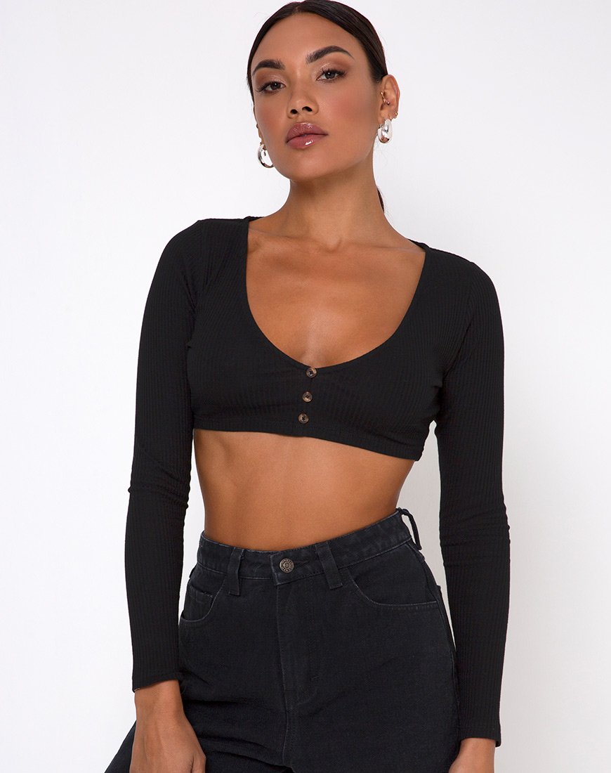 Gato Crop Top de canalé negro
