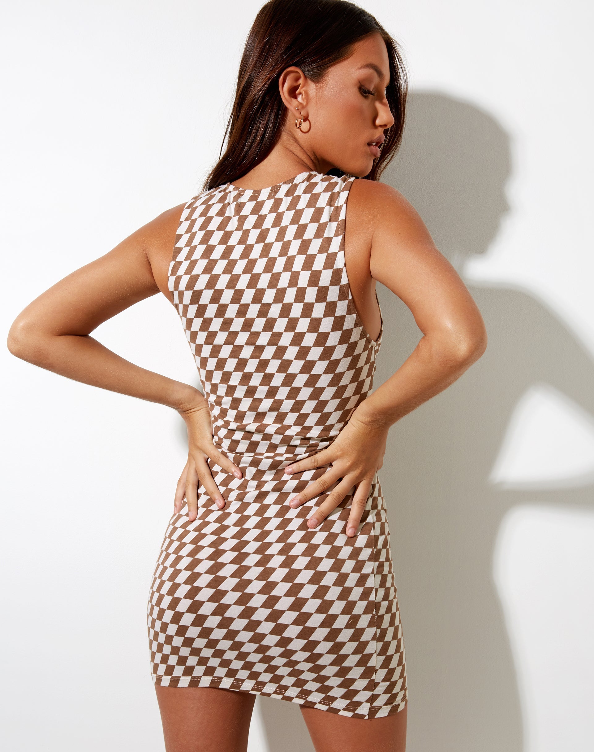 Imagen de Gele Mini Dress in Diagonal Checker Tan and Ivory