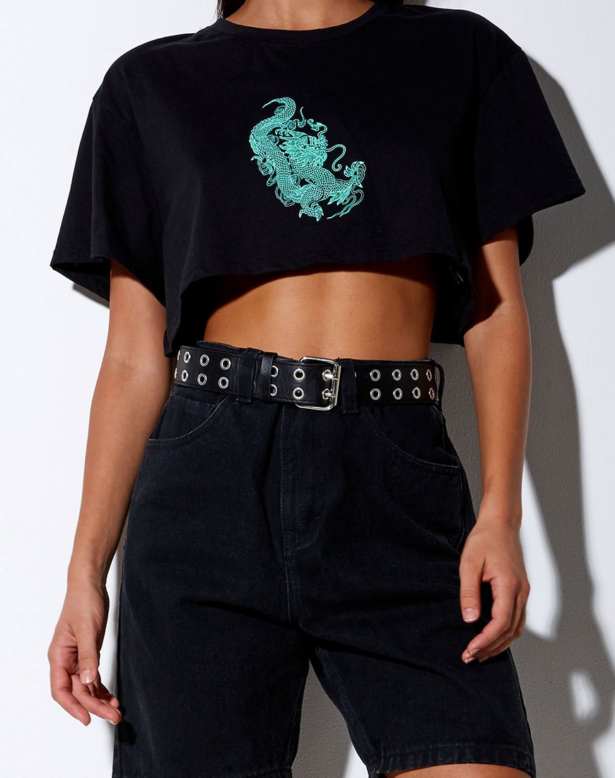 Georgi Cropped Tee en negro y menta Colocación del dragón