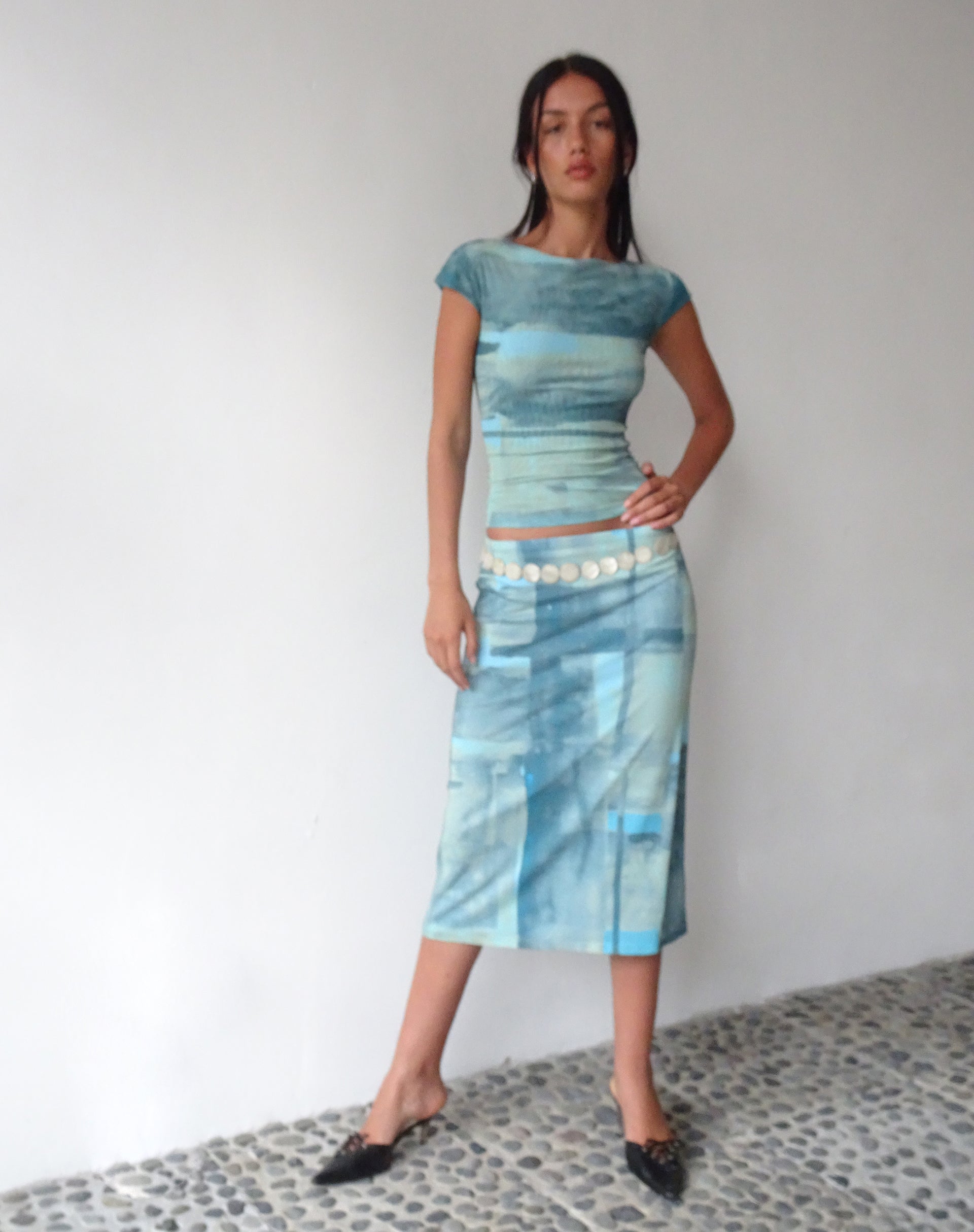 Imagen de MOTEL X JACQUIE Gia Falda Midi en Malla Abstracta Pincel Verde