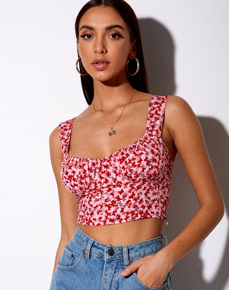 Imagen de Gladis Chaleco Crop Top en Ditsy Butterfly Melocotón y Rojo