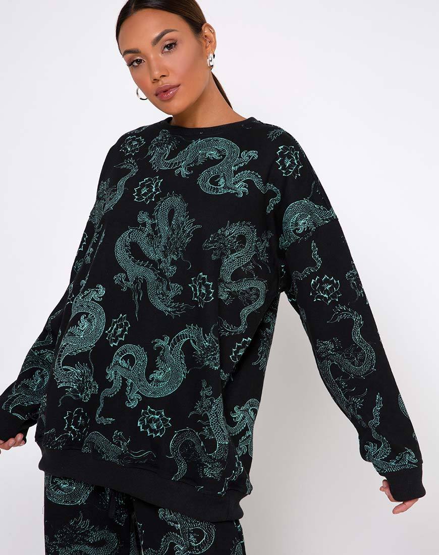 Sudadera Glo en Flor de Dragón Negro y Menta