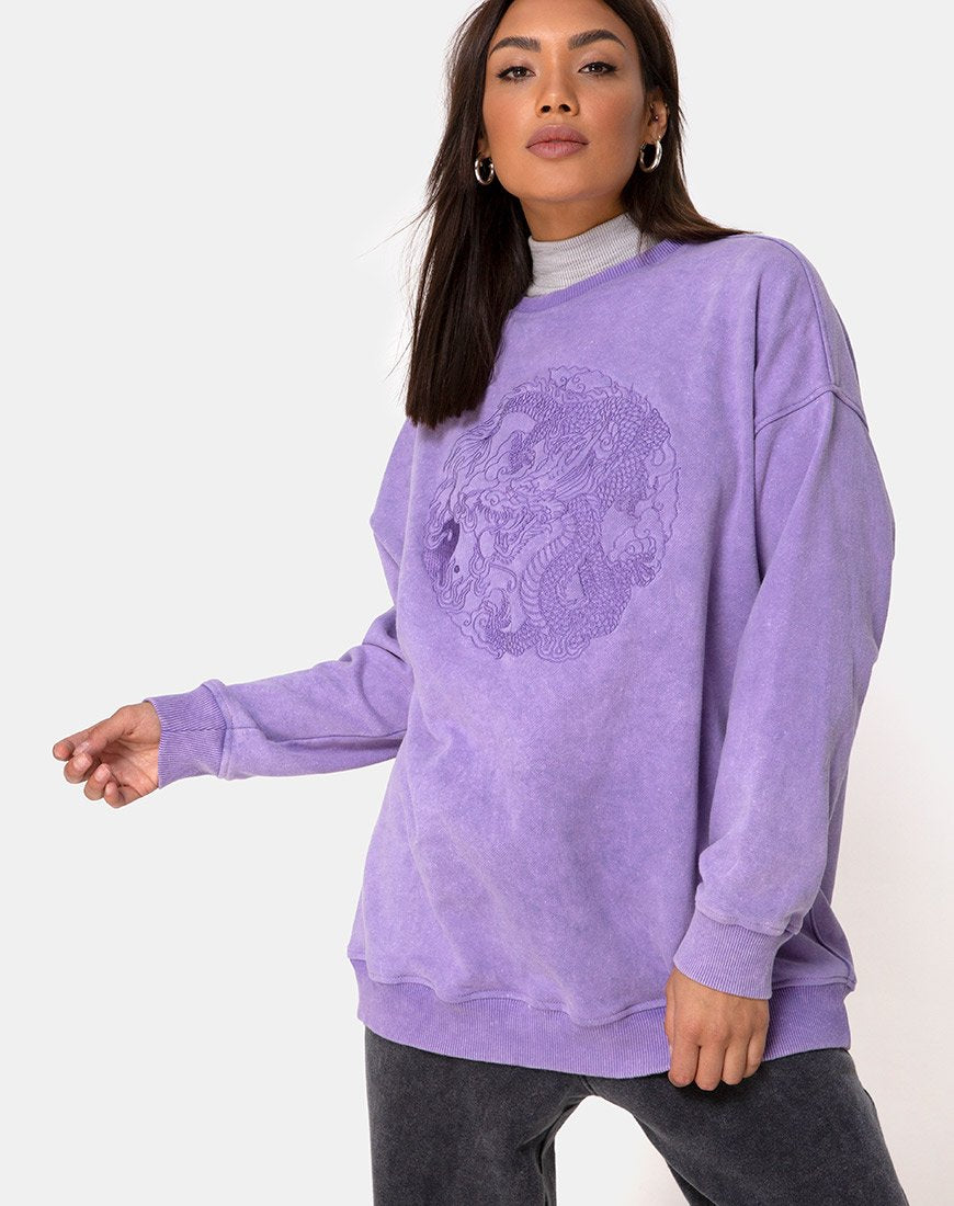Sudadera Glo en lavado lila con bordado de dragón