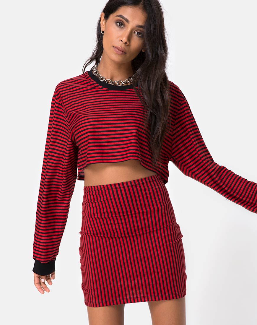 Imagen de Kimmy Bodycon Skirt in Mini Stripe Rojo y Negro