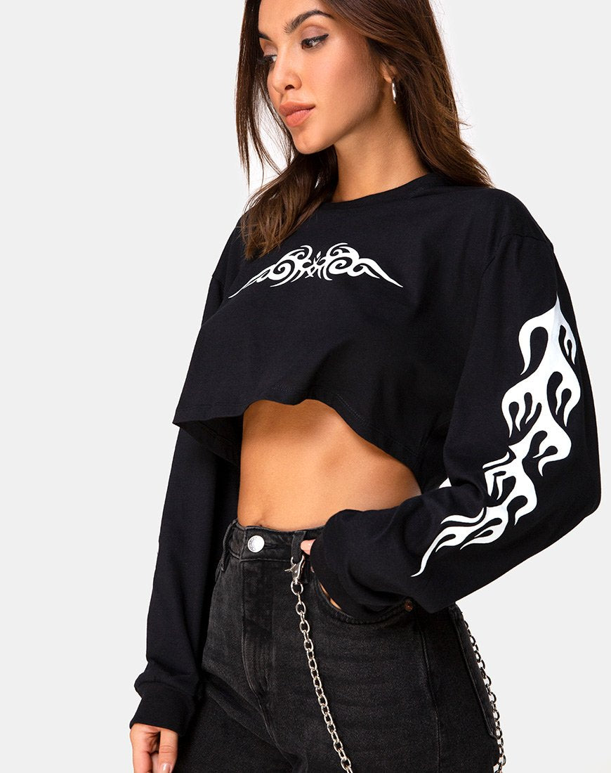 Gocea Crop Top Negro con Tribal Blanco