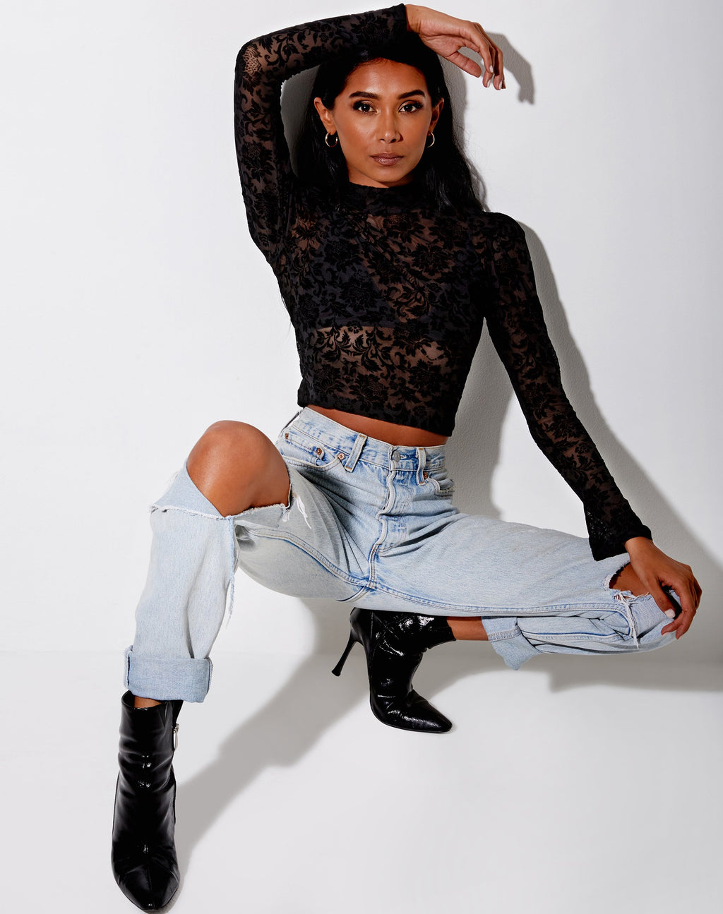 Gracy Crop Top en Brocado Rosa Flock Negro