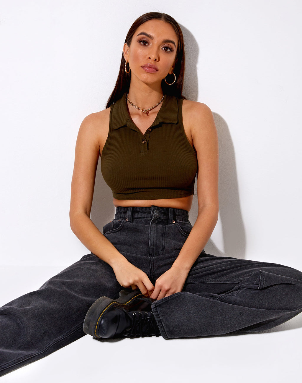 Guaco Crop Top en canalé caqui