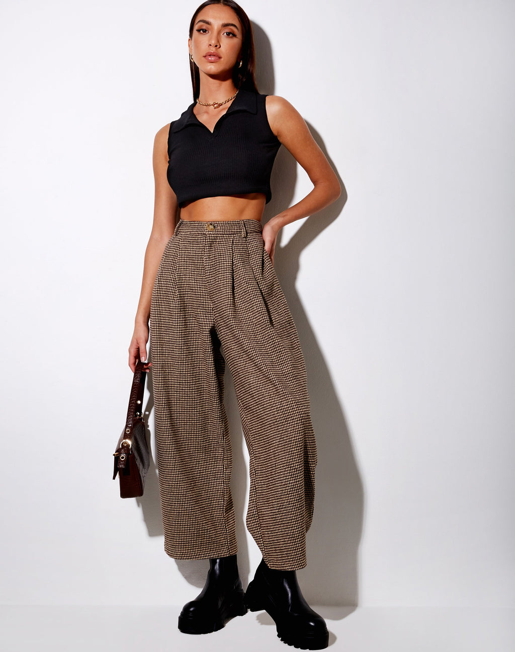 Pantalón Culotte Hatta de pata de gallo marrón