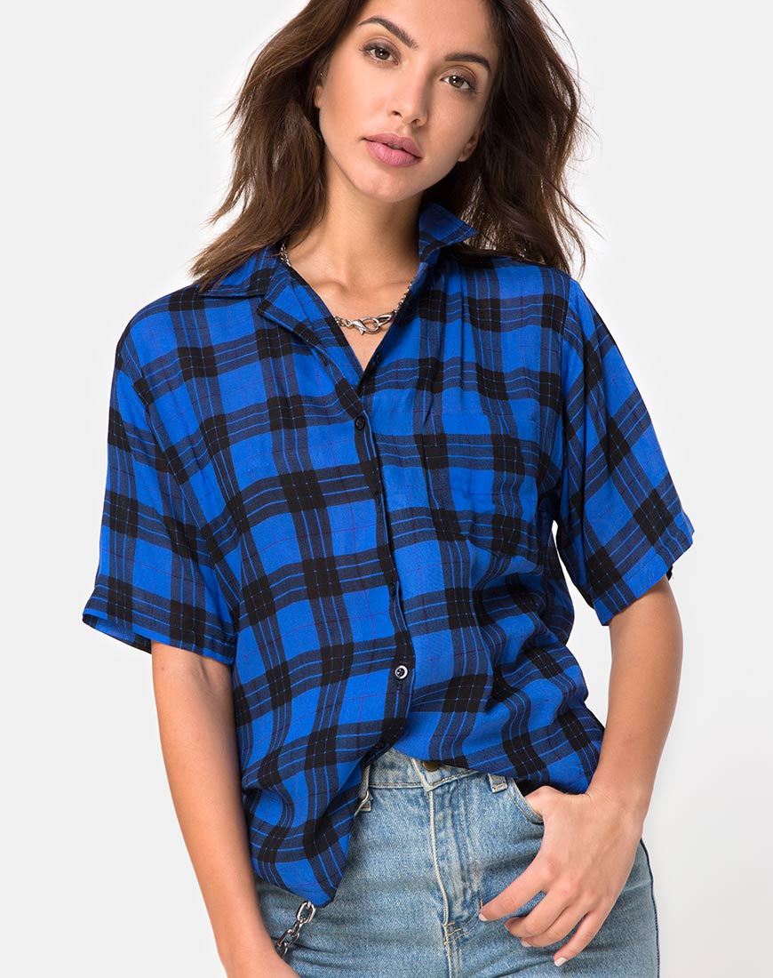 Camisa hawaiana oversize azul tartán
