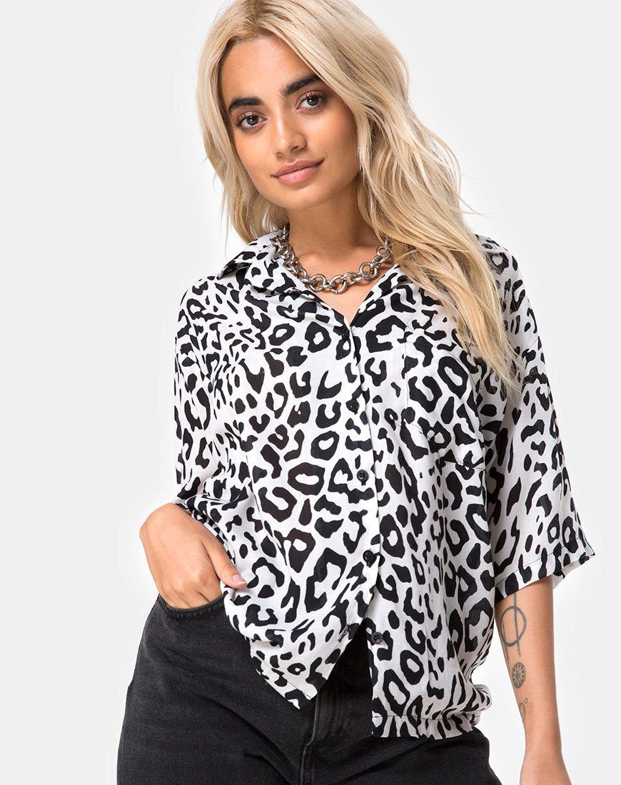 Camisa Hawaiana en Mono Animal Gris y Blanco