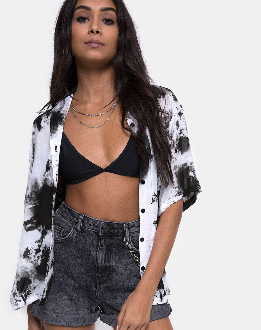Camisa Hawaiana en Mono Tie Dye Blanco y Negro