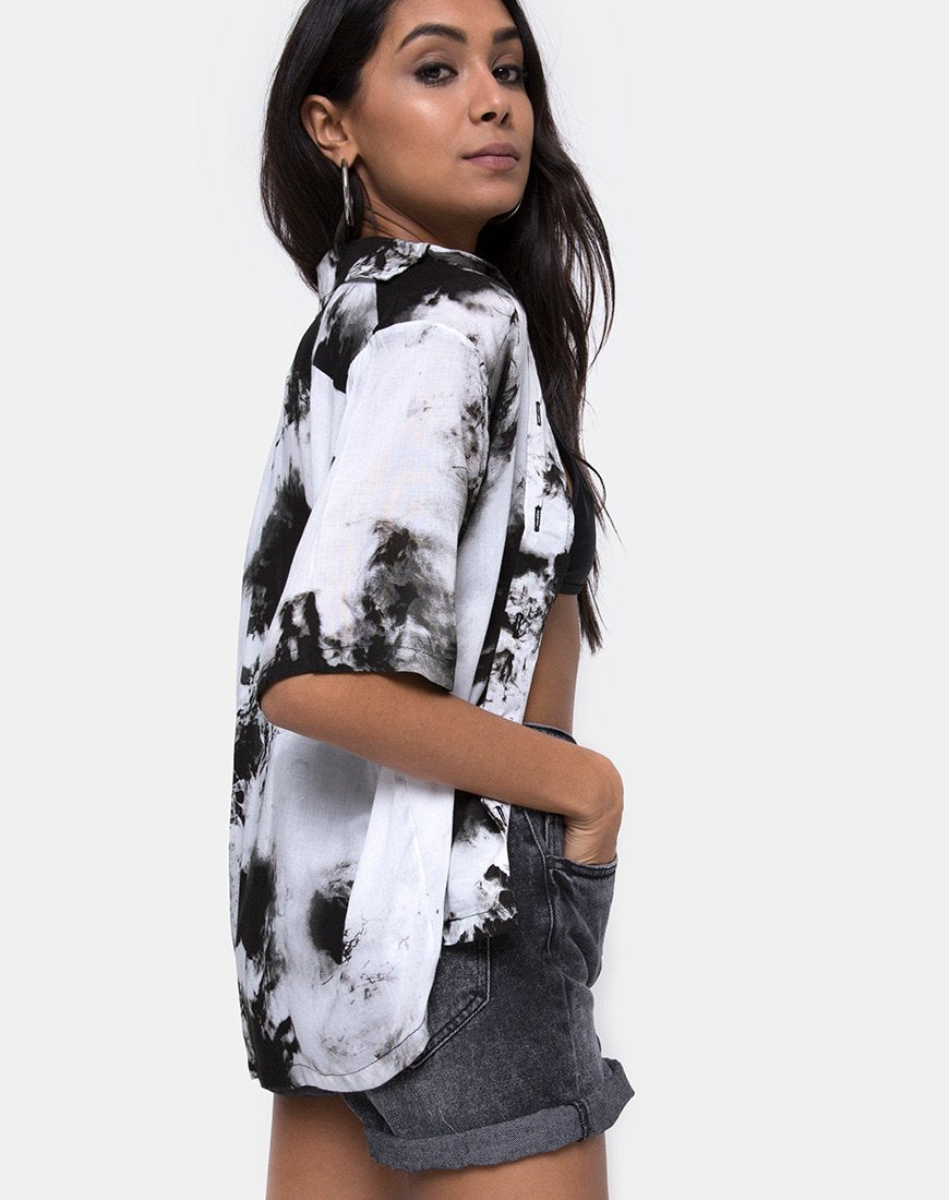 Camisa Hawaiana en Mono Tie Dye Blanco y Negro