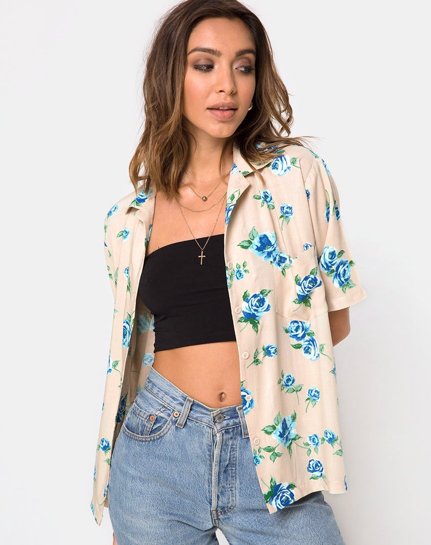 Camisa Hawaiana en Azul Flor de Rosa