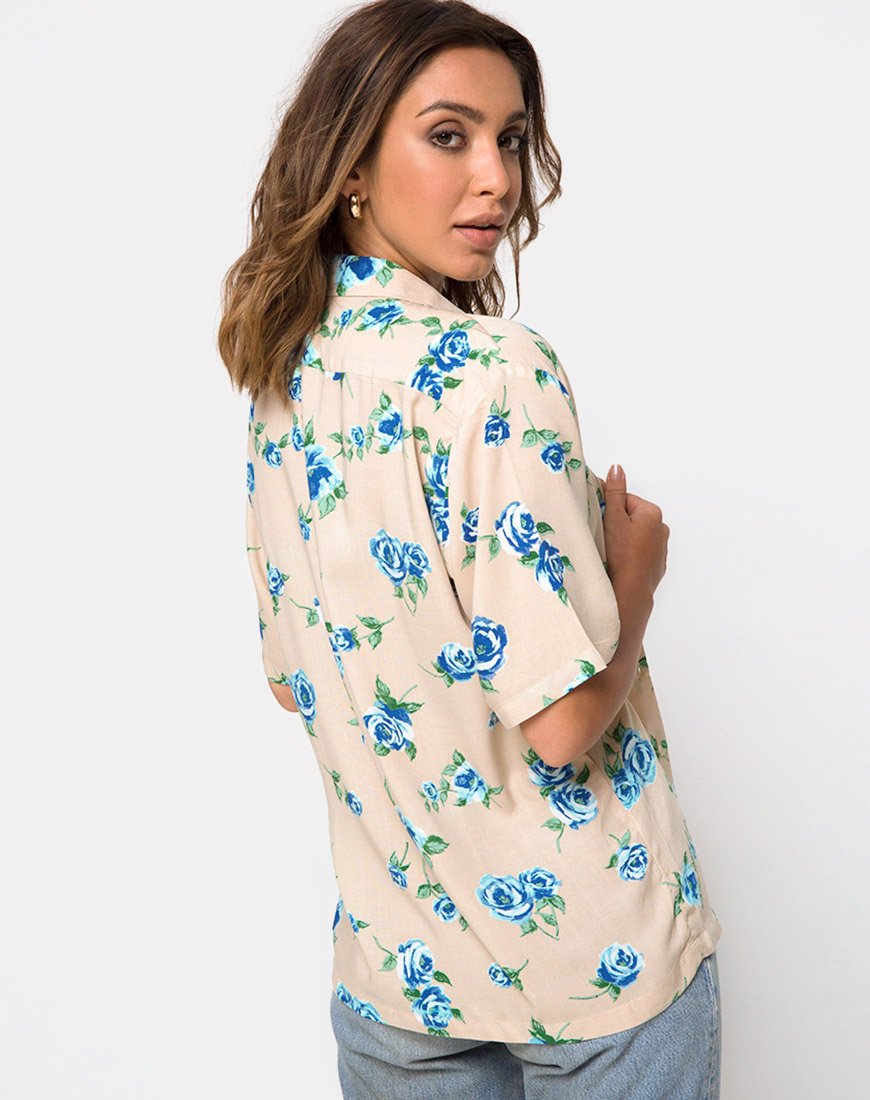 Camisa Hawaiana en Azul Flor de Rosa