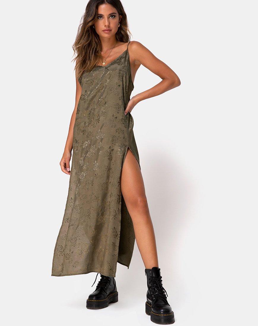 Maxi Vestido Hime en Satén Rosa Plata Gris