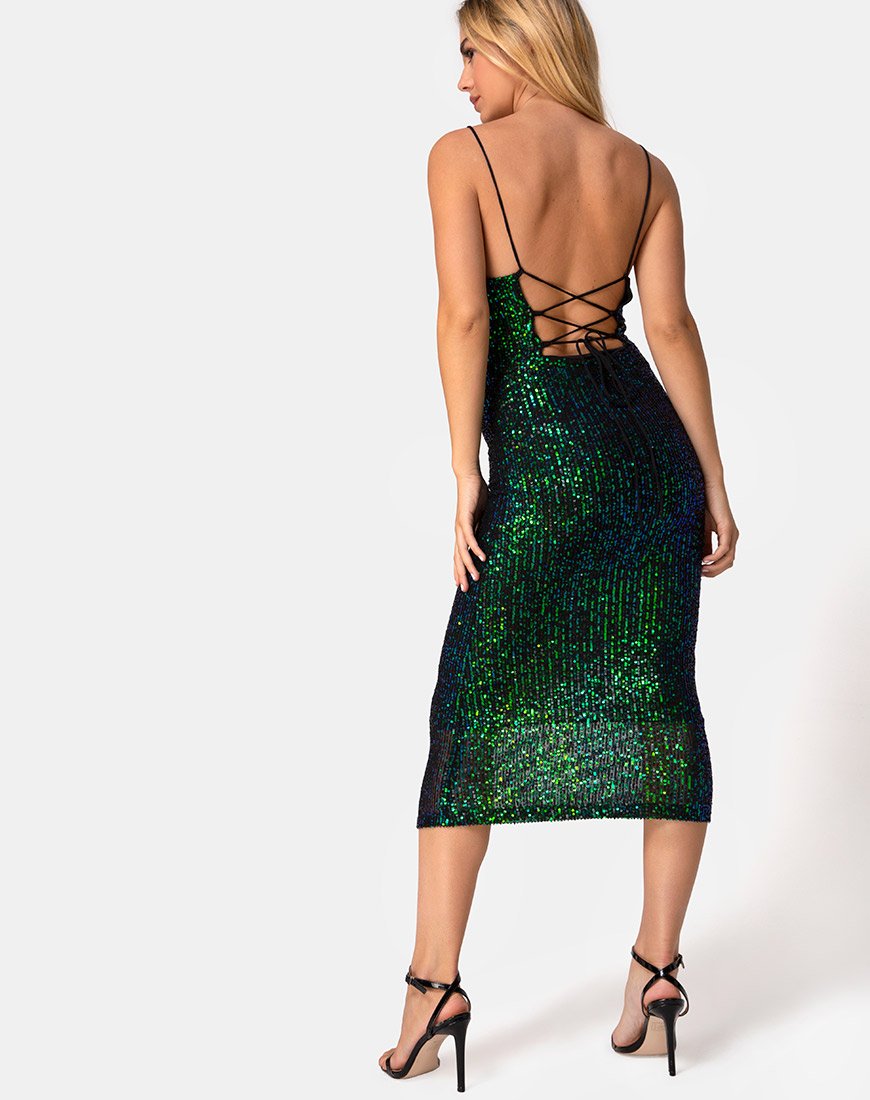 Imagen de Humia Vestido midi en red drapeado lentejuelas verde irisado