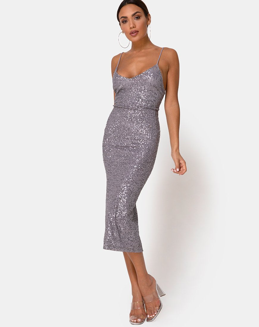 Imagen de Humia Vestido en Red Drapeado Lentejuelas Plata