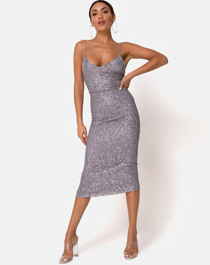 Imagen de Humia Vestido en Red Drapeado Lentejuelas Plata