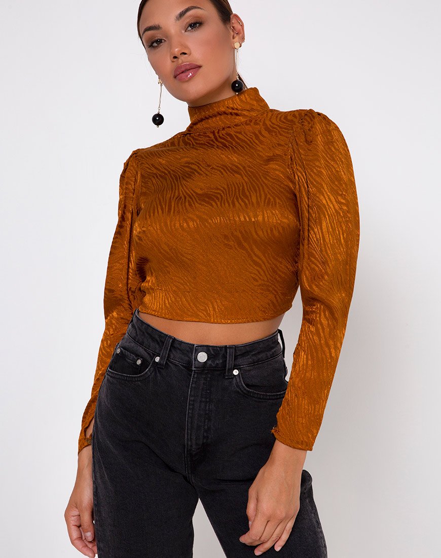 Jasty Crop Top de satén cebra coral dorado