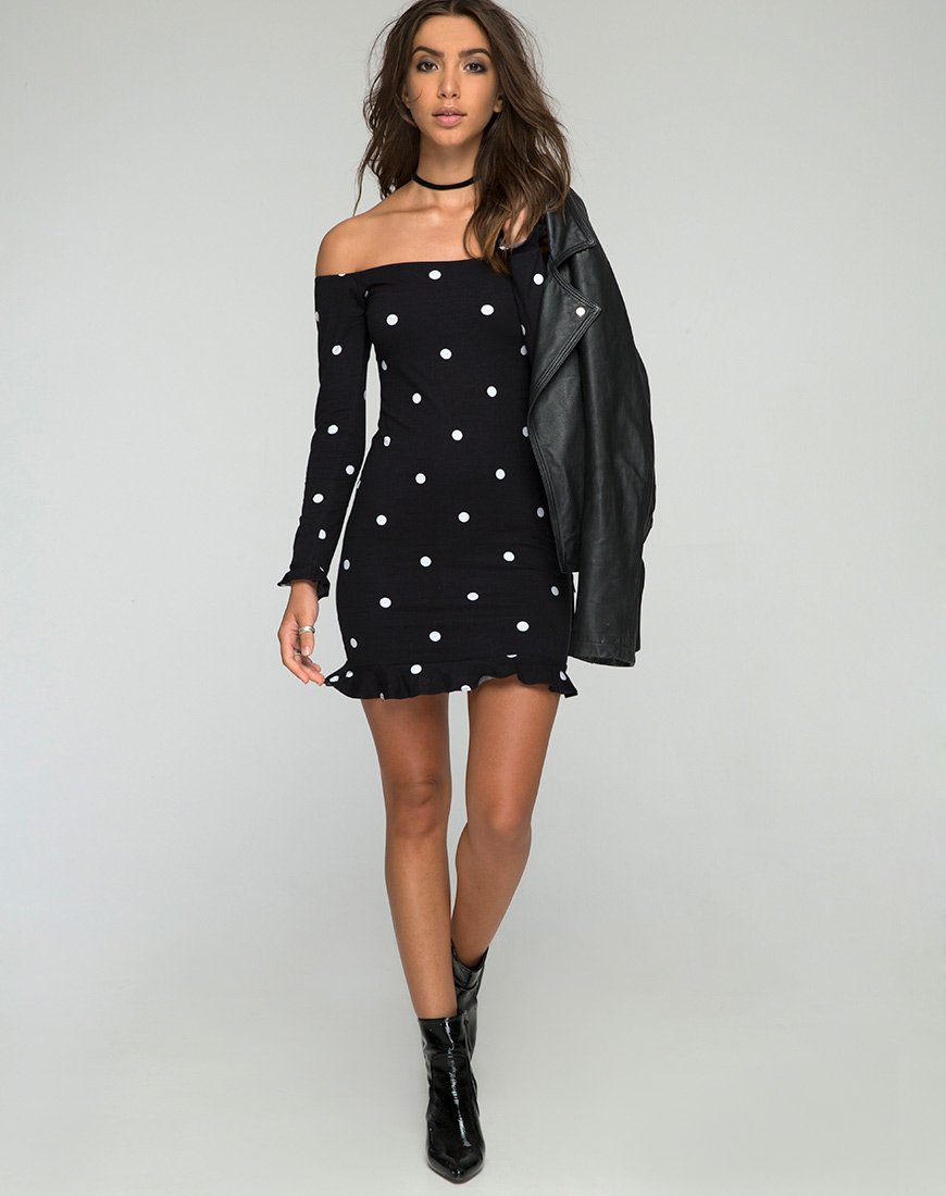 Imagen de Jazzie Off the Shoulder Dress in Polkadot Black and White