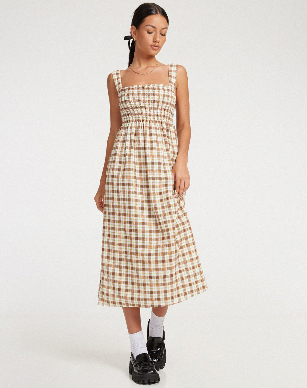 Vestido Jocasta Midi de cuadros amarillos y marrones