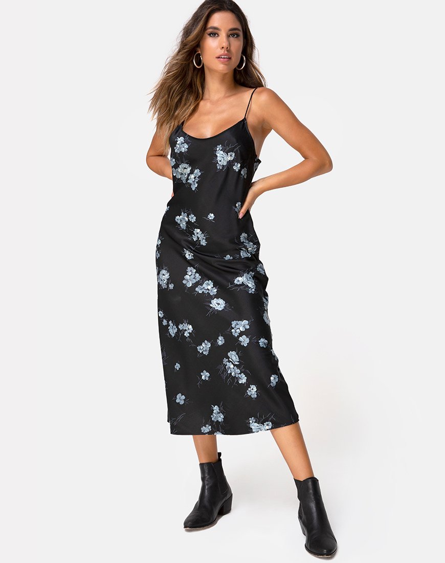 Maxi Vestido Julia en Mono Flor Satén Negro