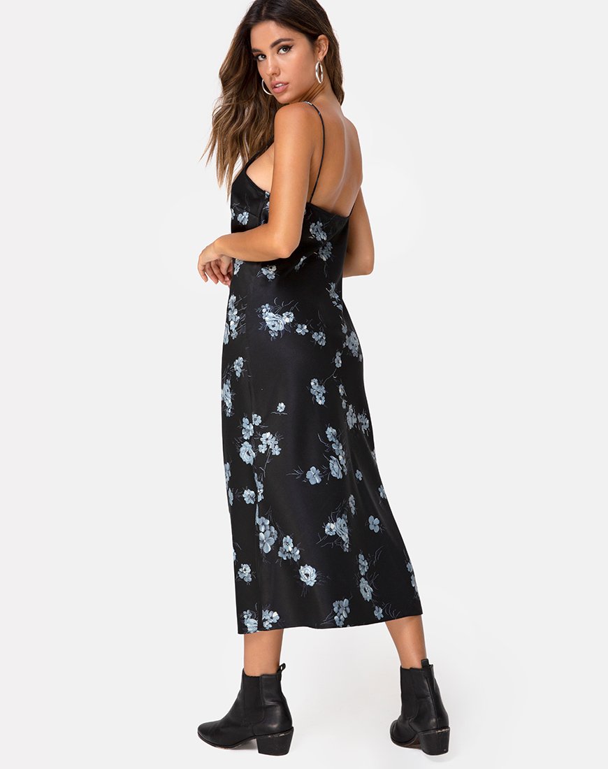 Maxi Vestido Julia en Mono Flor Satén Negro