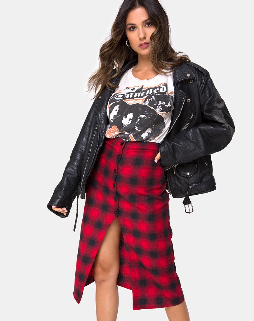 Falda Kaisa Midi de cuadros rojos y negros