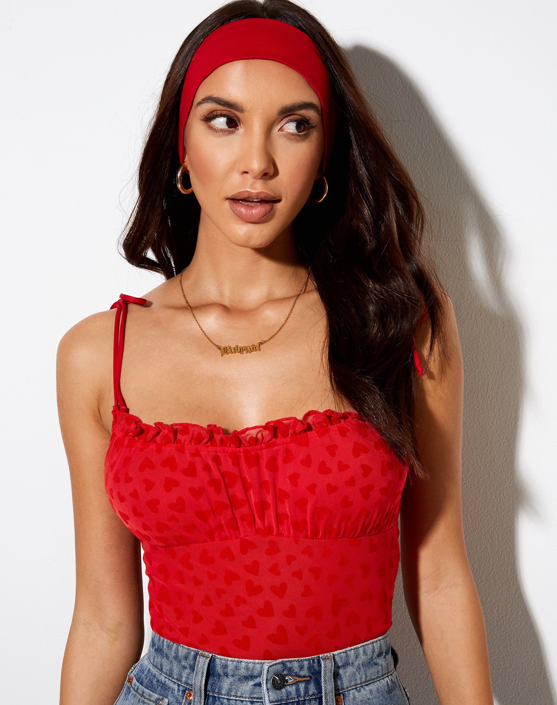 Imagen de Kalos Cami Top de malla roja Flock corazón rojo