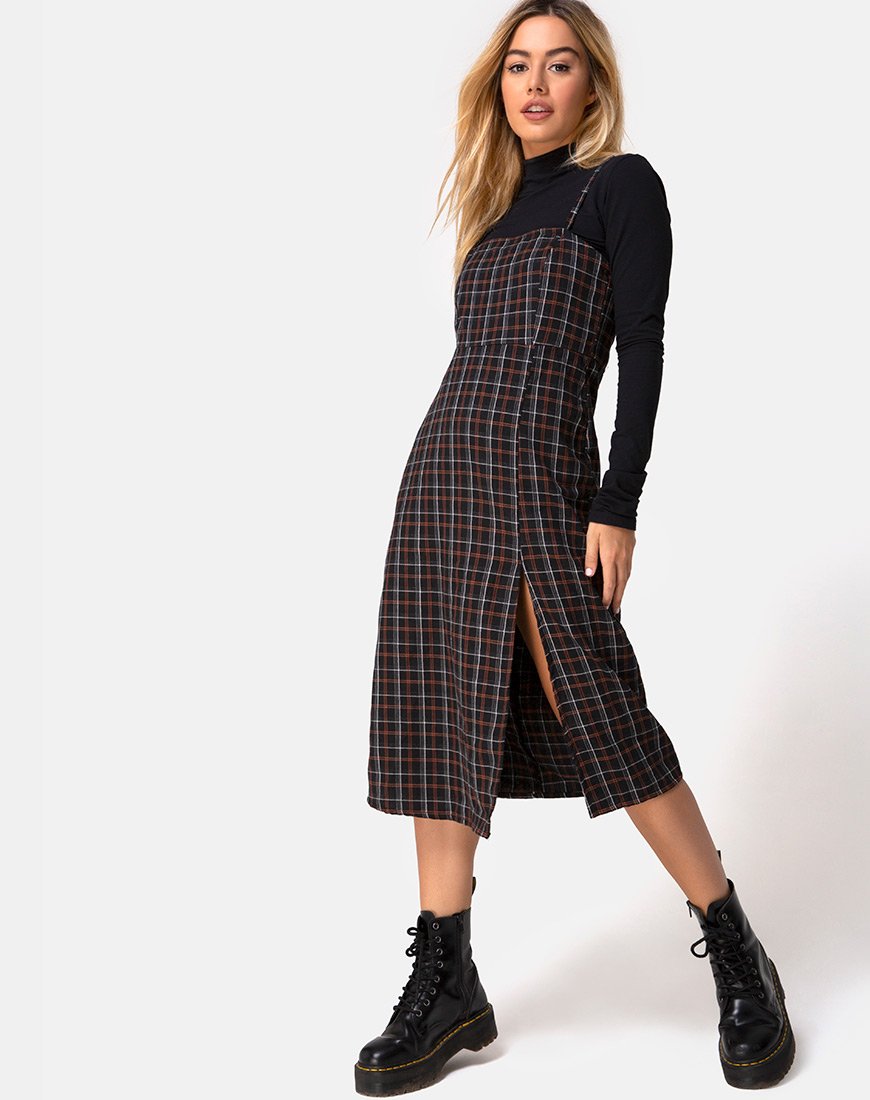 Vestido Kaoya Midi a cuadros negro y naranja